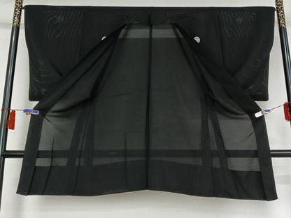 平和屋着物▽男性　黒紋付　羽織　暗黒色　正絹　逸品　AABH8674jh