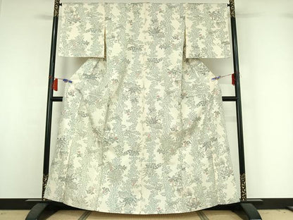 平和屋着物▽上質な小紋　単衣　紬地　手描き　草花文　正絹　逸品　AABH8678jh
