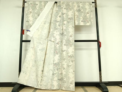 平和屋着物▽上質な小紋　単衣　紬地　手描き　草花文　正絹　逸品　AABH8678jh