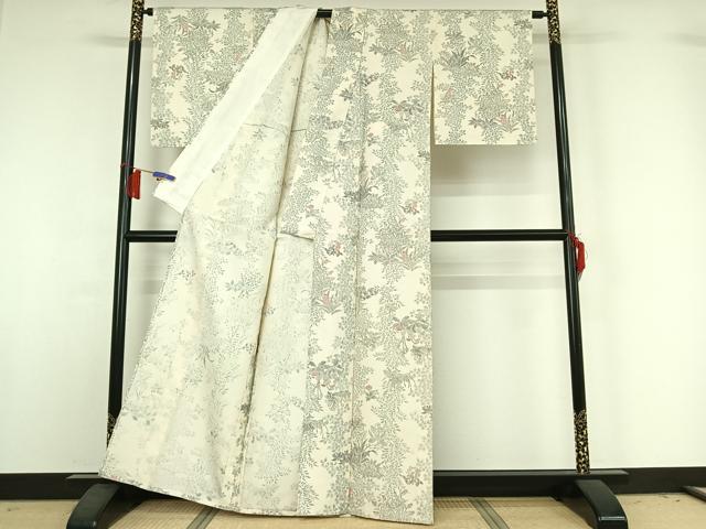 平和屋着物▽上質な小紋　単衣　紬地　手描き　草花文　正絹　逸品　AABH8678jh