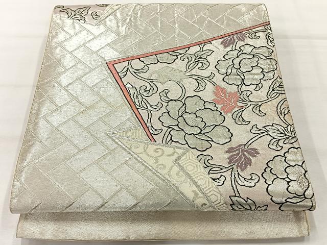 平和屋着物◎六通柄袋帯 唐織 更紗花文 銀糸 正絹 逸品 AABH8681uk