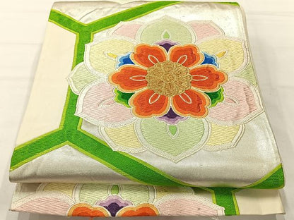 平和屋着物◎六通柄袋帯 唐織 亀甲花文 銀糸 正絹 逸品 AABH8688uk