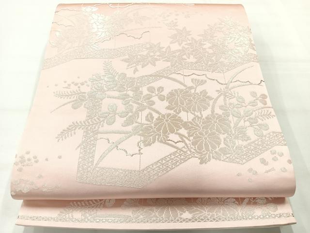 平和屋着物◎両面全通柄袋帯　風景文　銀糸　正絹　逸品　AABH8693uk