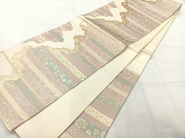 平和屋着物◎六通柄袋帯　横段花文　金糸　正絹　逸品　AABH8696uk