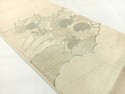 平和屋着物◎中国三大刺繍　相良刺繍　太鼓柄袋帯　草花文　銀糸　正絹　逸品　AABH8708uk