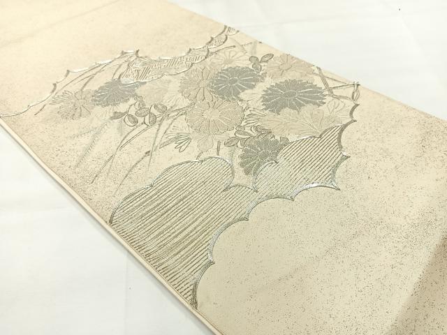 平和屋着物◎中国三大刺繍　相良刺繍　太鼓柄袋帯　草花文　銀糸　正絹　逸品　AABH8708uk
