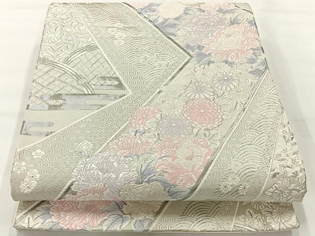 平和屋着物◎六通柄袋帯 唐織 吉祥花文 銀糸 正絹 逸品 AABH8716uk