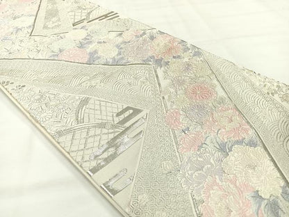 平和屋着物◎六通柄袋帯 唐織 吉祥花文 銀糸 正絹 逸品 AABH8716uk