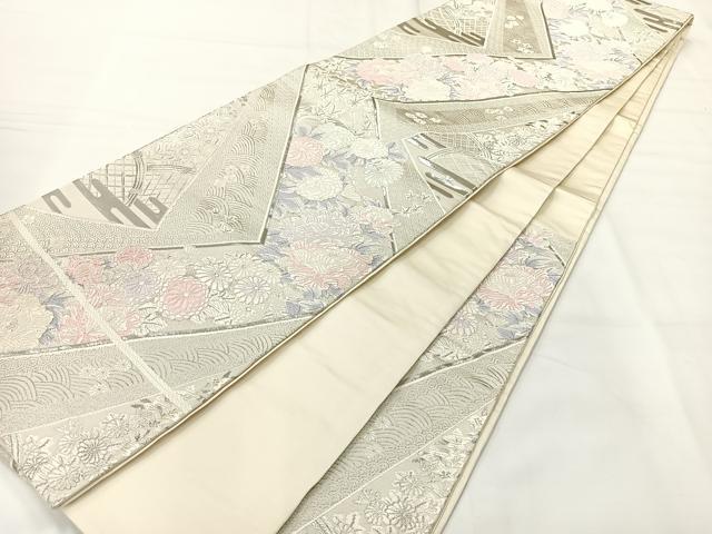 平和屋着物◎六通柄袋帯 唐織 吉祥花文 銀糸 正絹 逸品 AABH8716uk
