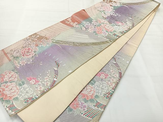 平和屋着物◎六通柄袋帯 唐織 草花文 銀糸 正絹 逸品 AABH8717uk