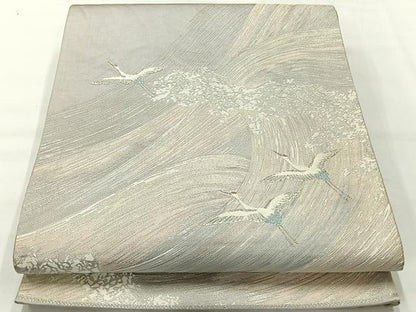 平和屋着物◎六通柄袋帯 鶴の舞 銀糸 正絹 逸品 AABH8720uk