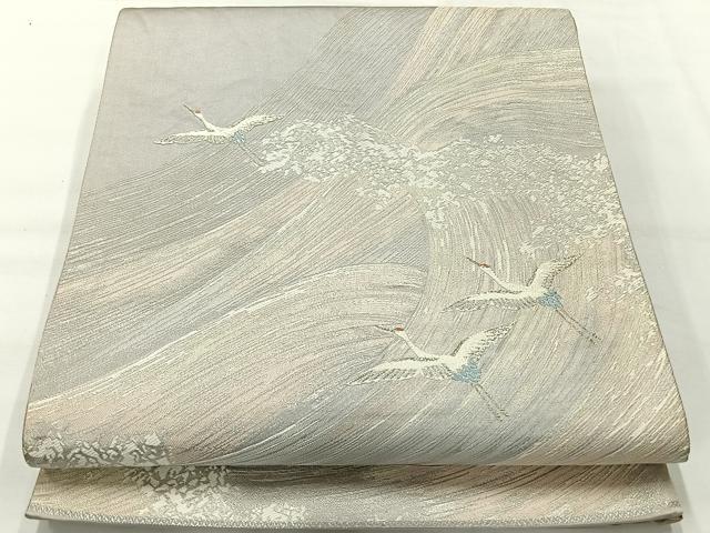 平和屋着物◎六通柄袋帯 鶴の舞 銀糸 正絹 逸品 AABH8720uk
