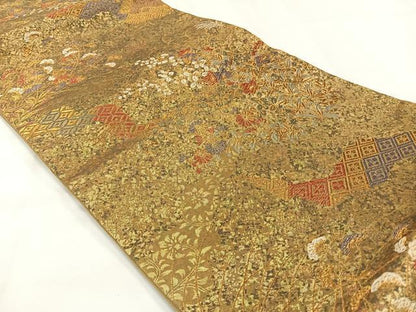 平和屋着物◎六通柄袋帯　美しき憧れ　草花文　金糸　正絹　逸品　AABH8724uk