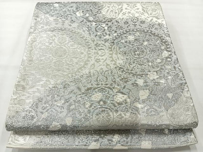 平和屋着物◎六通柄袋帯　道長花文　銀糸　正絹　逸品　AABH8729uk