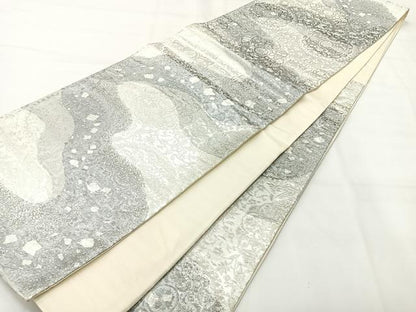 平和屋着物◎六通柄袋帯　道長花文　銀糸　正絹　逸品　AABH8729uk
