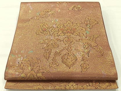 平和屋着物◎六通柄袋帯　作家物　斗淡織　花鳥文　金糸　正絹　逸品　AABH8743uk