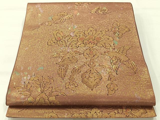平和屋着物◎六通柄袋帯　作家物　斗淡織　花鳥文　金糸　正絹　逸品　AABH8743uk