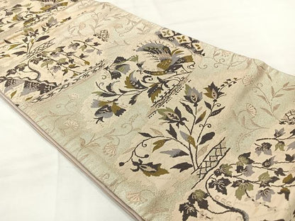 平和屋着物◎六通柄袋帯　唐織　孔雀花文　銀糸　正絹　逸品　AABH8746uk