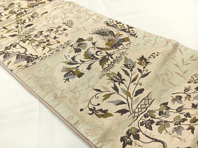 平和屋着物◎六通柄袋帯　唐織　孔雀花文　銀糸　正絹　逸品　AABH8746uk