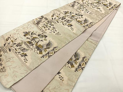平和屋着物◎六通柄袋帯　唐織　孔雀花文　銀糸　正絹　逸品　AABH8746uk