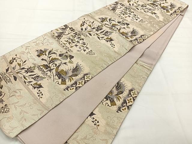 平和屋着物◎六通柄袋帯　唐織　孔雀花文　銀糸　正絹　逸品　AABH8746uk