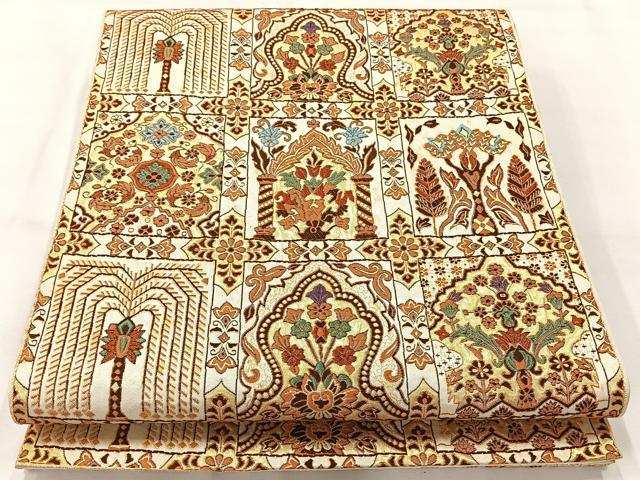 平和屋着物◎六通柄　本袋帯　花天井文　金糸　正絹　逸品　AABH8758uk