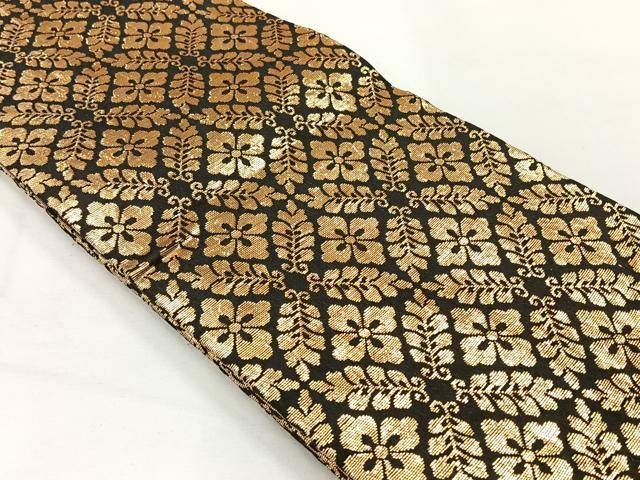 平和屋着物◎半幅帯　花菱文　黒地　金糸　正絹　逸品　AABH8760uk