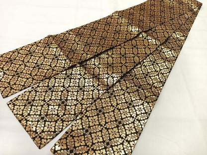 平和屋着物◎半幅帯　花菱文　黒地　金糸　正絹　逸品　AABH8760uk
