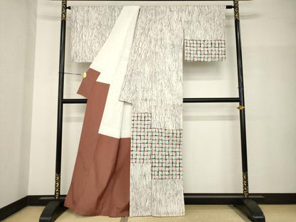平和屋着物●訪問着　紬地　幾何学文様　正絹　逸品　AABH8764ck