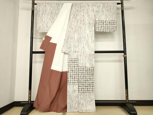 平和屋着物●訪問着　紬地　幾何学文様　正絹　逸品　AABH8764ck
