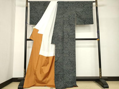 平和屋着物●結城紬　100亀甲　草花文　ロング丈　正絹　逸品　AABH8776ck
