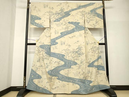 平和屋着物●染織の名門　しょうざん  生紬　訪問着　駒刺繍　流水風景花文　正絹　逸品　AABH8783ck