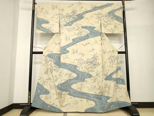 平和屋着物●染織の名門　しょうざん  生紬　訪問着　駒刺繍　流水風景花文　正絹　逸品　AABH8783ck