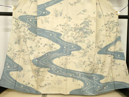 平和屋着物●染織の名門　しょうざん  生紬　訪問着　駒刺繍　流水風景花文　正絹　逸品　AABH8783ck