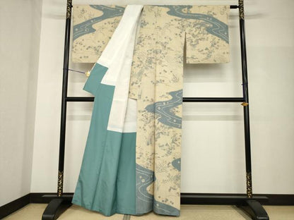 平和屋着物●染織の名門　しょうざん  生紬　訪問着　駒刺繍　流水風景花文　正絹　逸品　AABH8783ck
