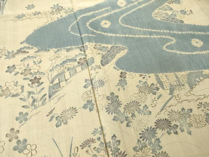 平和屋着物●染織の名門　しょうざん  生紬　訪問着　駒刺繍　流水風景花文　正絹　逸品　AABH8783ck