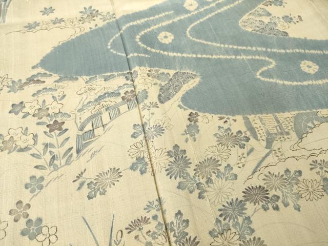 平和屋着物●染織の名門　しょうざん  生紬　訪問着　駒刺繍　流水風景花文　正絹　逸品　AABH8783ck