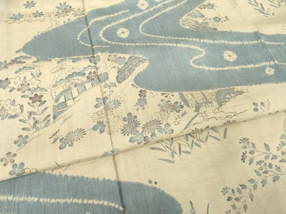 平和屋着物●染織の名門　しょうざん  生紬　訪問着　駒刺繍　流水風景花文　正絹　逸品　AABH8783ck
