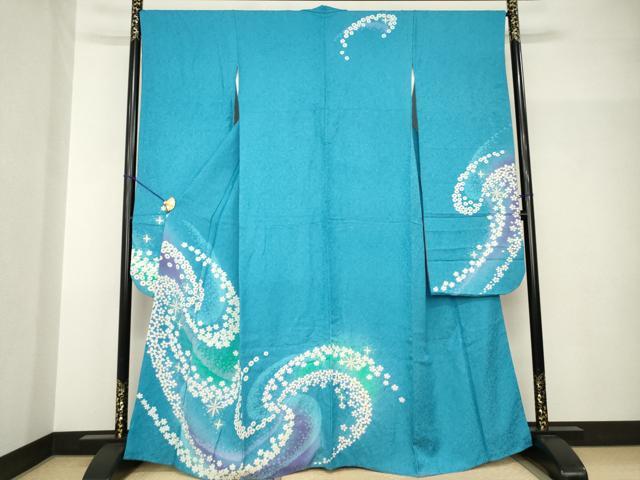 平和屋着物●豪華振袖　絞り　流水花文　金彩　銀通し地　正絹　逸品　AABH8788ck
