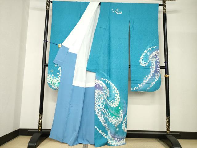 平和屋着物●豪華振袖　絞り　流水花文　金彩　銀通し地　正絹　逸品　AABH8788ck