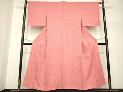 平和屋着物●上質な色無地　幾何学地紋　真朱色　正絹　逸品　AABH8791ck