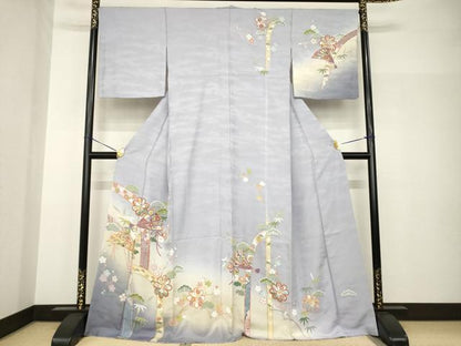 平和屋着物●訪問着　友禅　駒刺繍　扇面吉祥花文　暈し染め　金彩　正絹　逸品　AABH8794ck