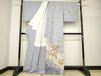 平和屋着物●訪問着　友禅　駒刺繍　扇面吉祥花文　暈し染め　金彩　正絹　逸品　AABH8794ck