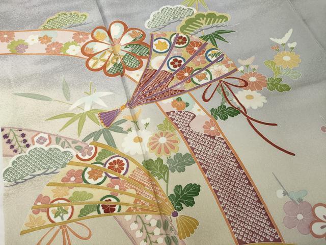 平和屋着物●訪問着　友禅　駒刺繍　扇面吉祥花文　暈し染め　金彩　正絹　逸品　AABH8794ck