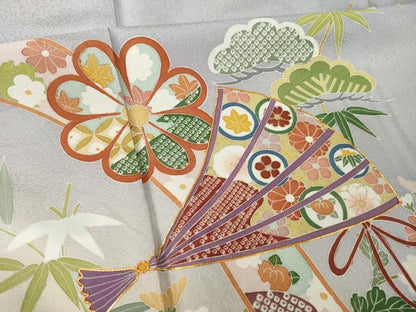 平和屋着物●訪問着　友禅　駒刺繍　扇面吉祥花文　暈し染め　金彩　正絹　逸品　AABH8794ck