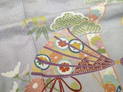 平和屋着物●訪問着　友禅　駒刺繍　扇面吉祥花文　暈し染め　金彩　正絹　逸品　AABH8794ck