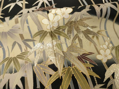 平和屋着物●訪問着　竹屋町刺繍　笹竹梅文　黒地　金彩　三越扱い　正絹　逸品　AABH8795ck