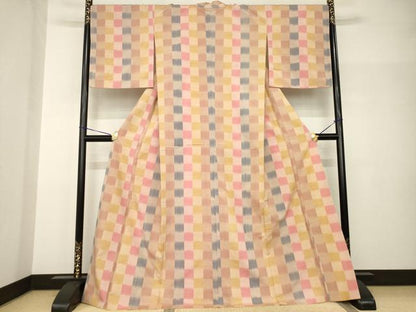 平和屋着物●上質な紬　市松文　正絹　逸品　AABH8812ck
