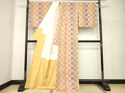 平和屋着物●上質な紬　市松文　正絹　逸品　AABH8812ck