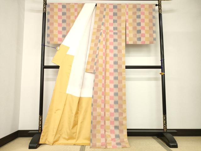 平和屋着物●上質な紬　市松文　正絹　逸品　AABH8812ck